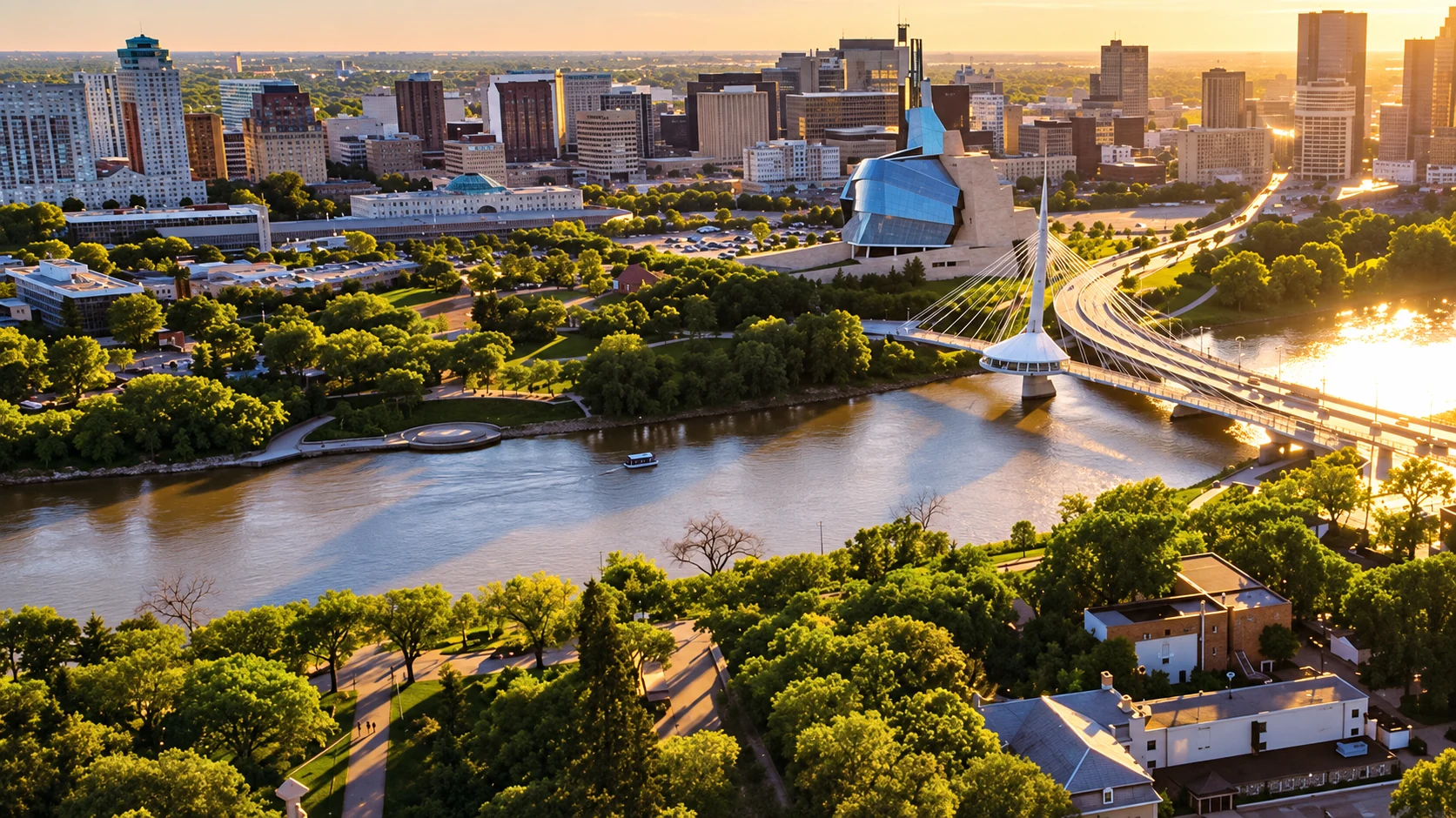Winnipeg skyline, Canadian Museum for Human Rights, Esplanade Riel, and the river